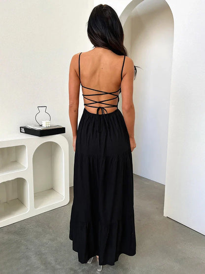 Slim A-line Spaghetti Strap Spring Summer Backless Sexy Party Maxi Dress