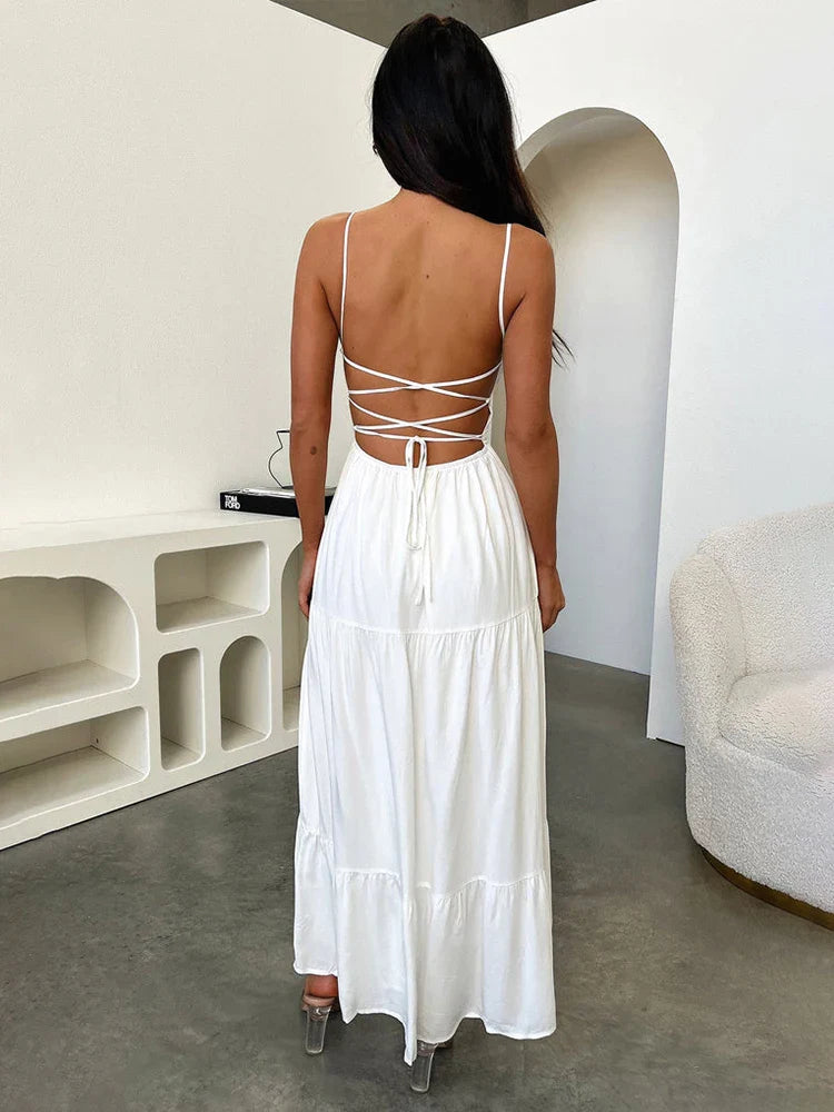 Slim A-line Spaghetti Strap Spring Summer Backless Sexy Party Maxi Dress