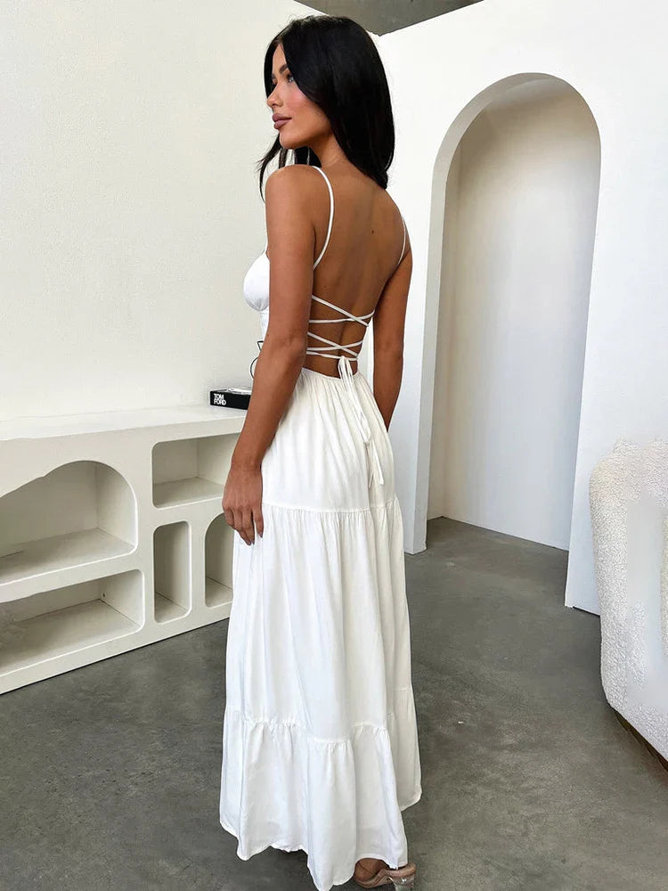 Slim A-line Spaghetti Strap Spring Summer Backless Sexy Party Maxi Dress