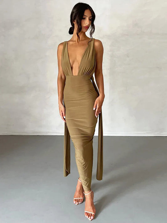 Long Deep V Neck Slim Bandage Bodycon Backless Nightclub Sexy Party Maxi Dress