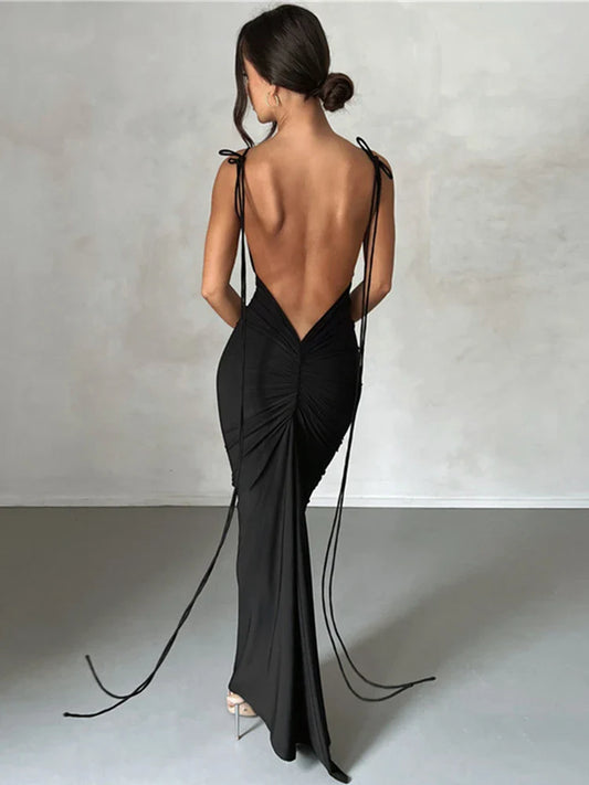 Long Spaghetti Strap Slim Bodycon Backless Nightclub Sexy Summer Maxi Dress