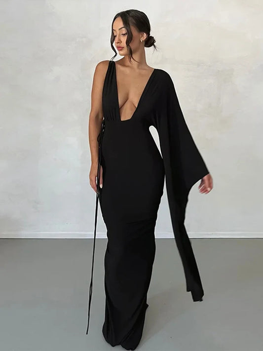 Long One Shoulder Chic V Neck Backless Nightclub Sexy Summer Maxi Dress