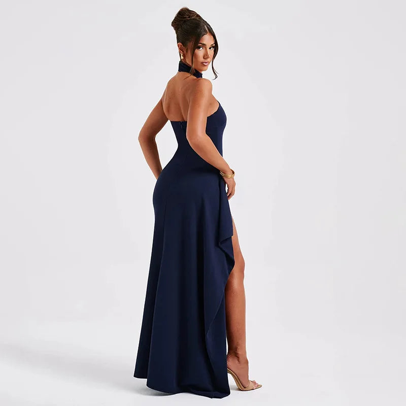 Long Asymmetrical Halter High Split Backless Sexy Spring Summer Maxi Dress