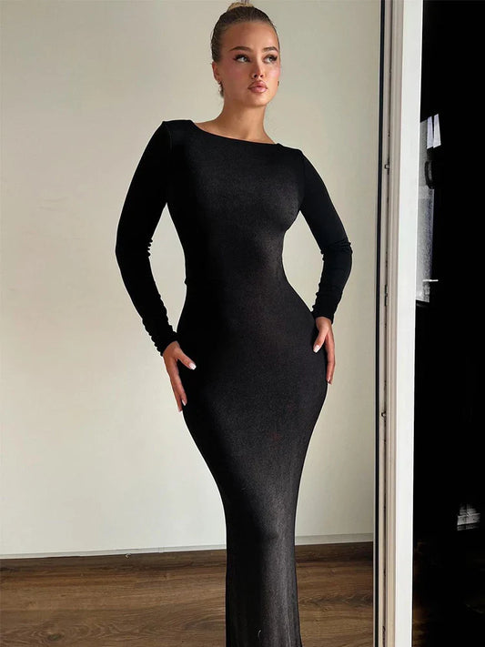 Long Slim Bodycon Temperament Backless Nightclub Sexy Autumn Winter Maxi Dress