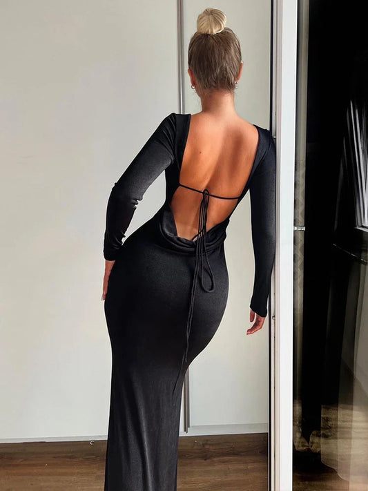 Long Slim Bodycon Temperament Backless Nightclub Sexy Autumn Winter Maxi Dress