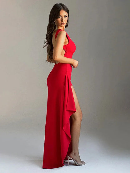 Long Slim Bodycon Ruffles High Split Sexy Spring Summer Maxi Dress