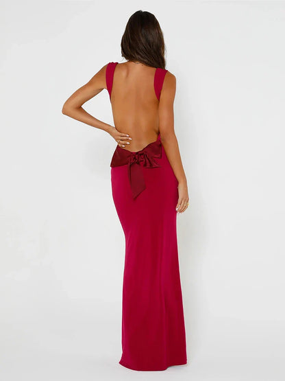 Long Slim Bodycon Spaghetti Strap Bow Backless Sexy Spring Summer Maxi Dress