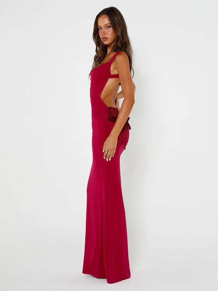 Long Slim Bodycon Spaghetti Strap Bow Backless Sexy Spring Summer Maxi Dress