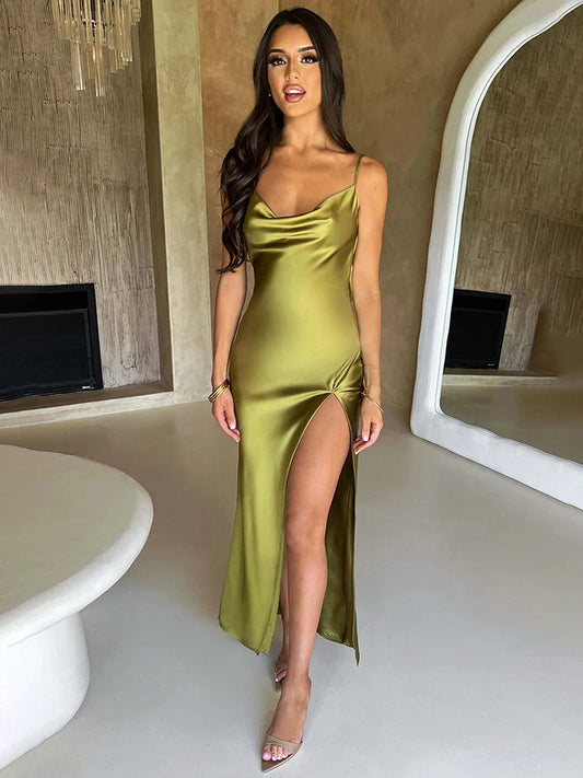 High Split Sexy Spaghetti Strap Summer Backless Slim Bodycon Midi Dress