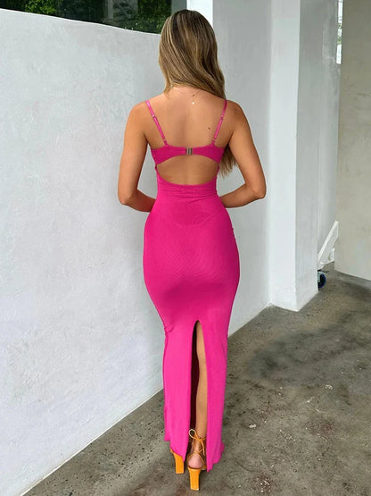 Long Slim Bodycon Spaghetti Strap Spring Summer Backless Sexy Midi Dress