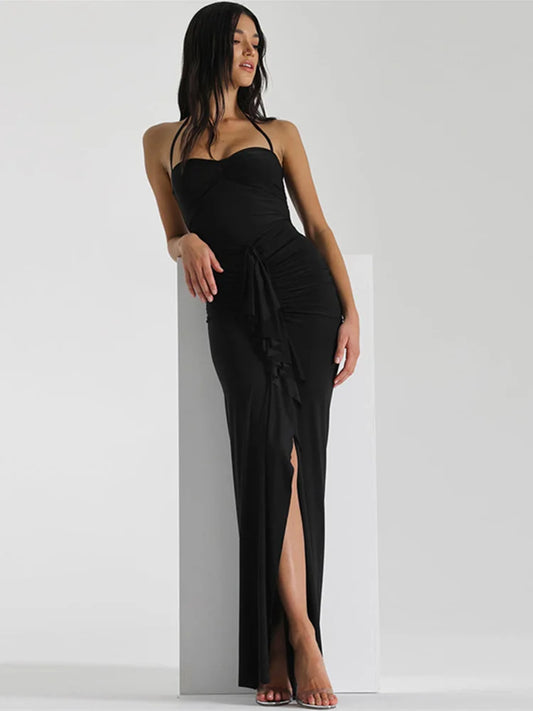 Pleated Long Strapless Split Backless Nightclub Sexy Summer Maxi Dress