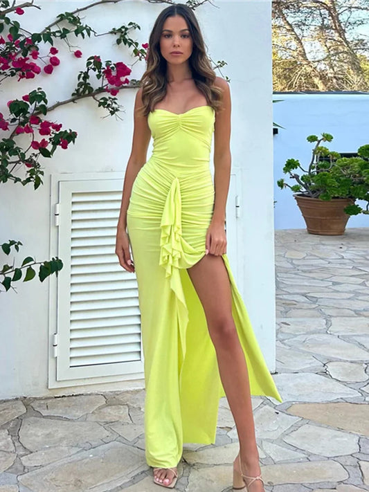 Pleated Long Strapless Split Backless Nightclub Sexy Summer Maxi Dress