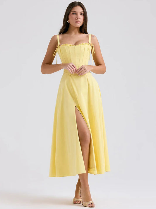 Waist Wrap A-line Long Spaghetti Strap Summer Backless Sexy Midi Dress