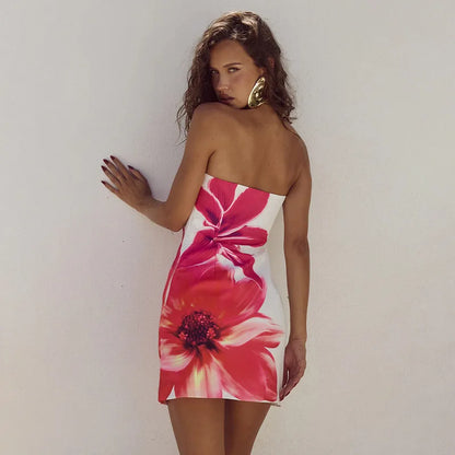 Flower Print Bodycon Spaghetti Strap Spring Summer Backless Sexy Party Mini Dress