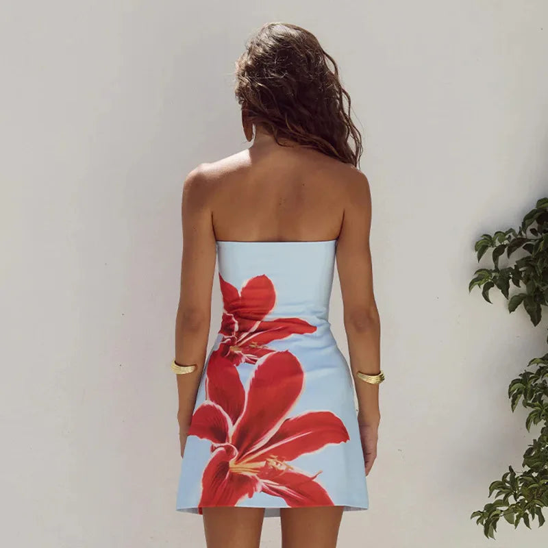 Flower Print Bodycon Spaghetti Strap Spring Summer Backless Sexy Party Mini Dress