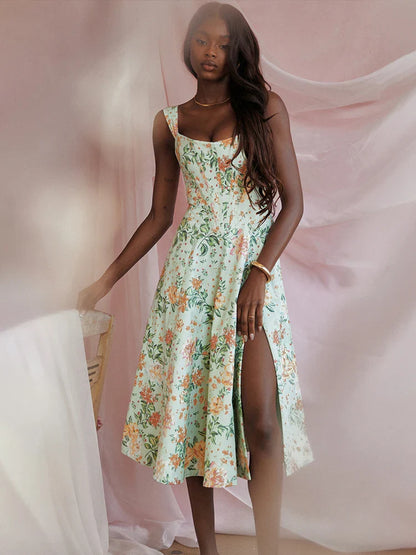 Split Print A-line Spaghetti Strap Spring Summer Elegant Long Sexy Midi Dress