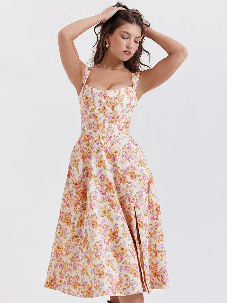 Split Print A-line Spaghetti Strap Spring Summer Elegant Long Sexy Midi Dress