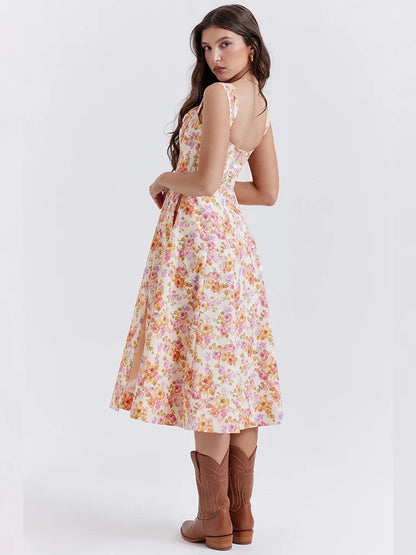 Split Print A-line Spaghetti Strap Spring Summer Elegant Long Sexy Midi Dress