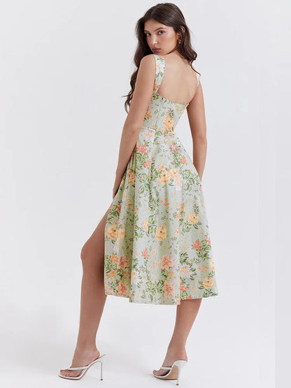 Split Print A-line Spaghetti Strap Spring Summer Elegant Long Sexy Midi Dress