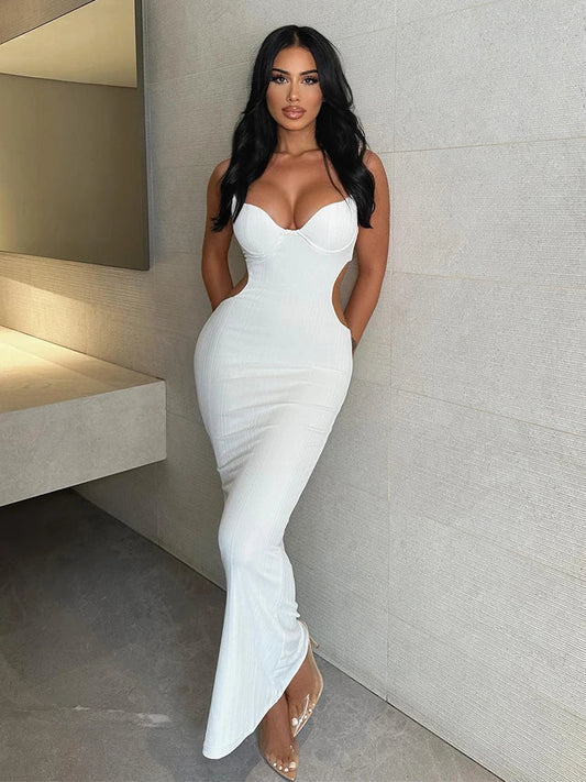 Hollow Out Backless Party Summer Spaghetti Strap Strapless Slim Bodycon Sexy Midi Dress