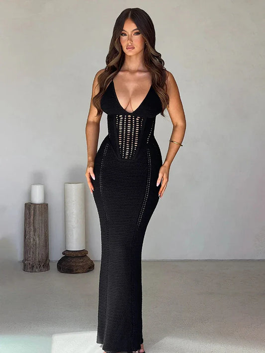 Knitted Bodycon Spaghetti Strap Spring Summer Backless Nightclub Sexy Party Maxi Dress