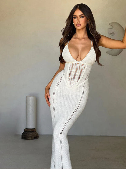 Knitted Bodycon Spaghetti Strap Spring Summer Backless Nightclub Sexy Party Maxi Dress