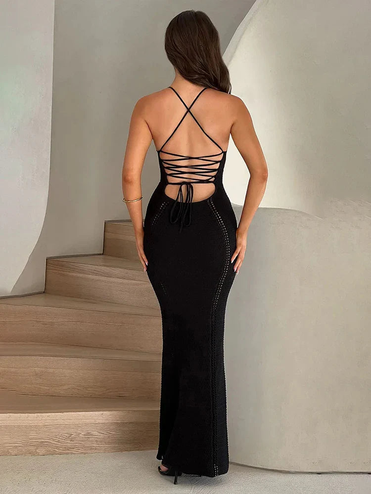 Knitted Bodycon Spaghetti Strap Spring Summer Backless Nightclub Sexy Party Maxi Dress