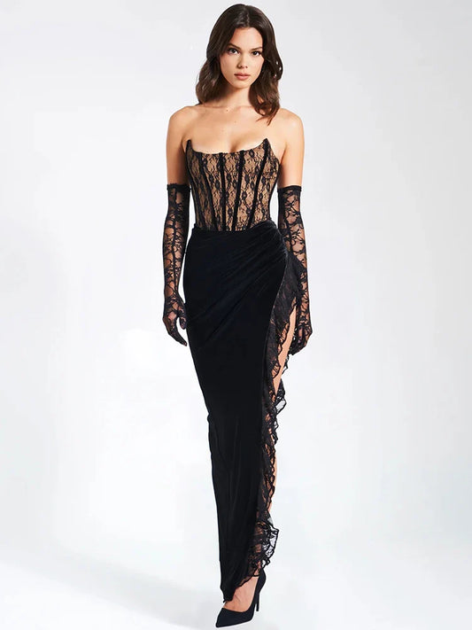 Lace Patchwork Elegant Long Summer High Split Backless Nightclub Sexy Midi Dress