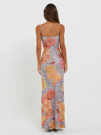 Leopard Print Bodycon Spaghetti Strap Backless Sexy Long Spring Summer Maxi Dress