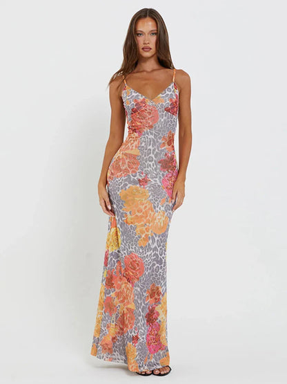 Leopard Print Bodycon Spaghetti Strap Backless Sexy Long Spring Summer Maxi Dress