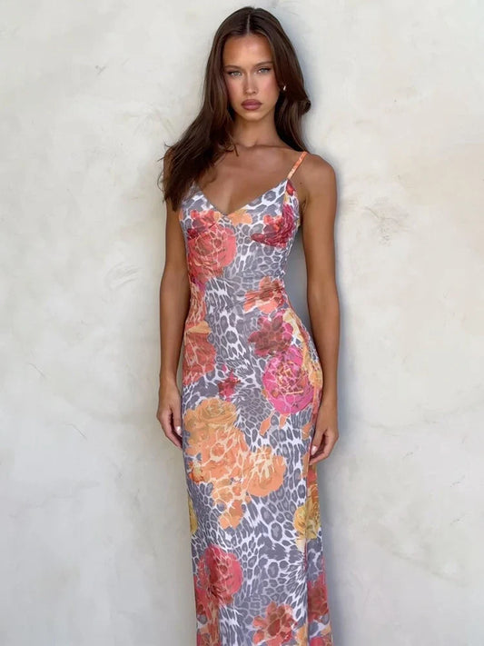 Leopard Print Bodycon Spaghetti Strap Backless Sexy Long Spring Summer Maxi Dress