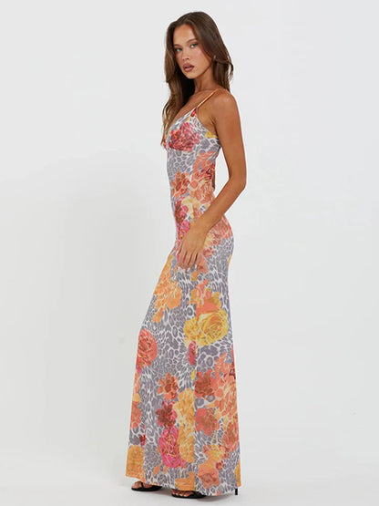 Leopard Print Bodycon Spaghetti Strap Backless Sexy Long Spring Summer Maxi Dress