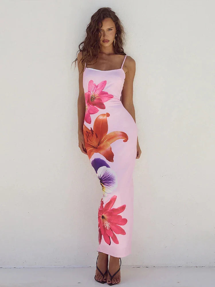 Flower Print Slim Bodycon Spaghetti Strap Backless Sexy Spring Summer Maxi Dress