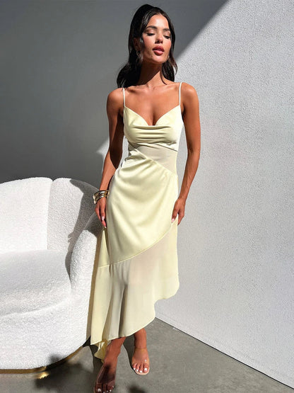 Mesh Patchwork Long Spaghetti Strap Asymmetric Sexy Spring Summer Maxi Dress