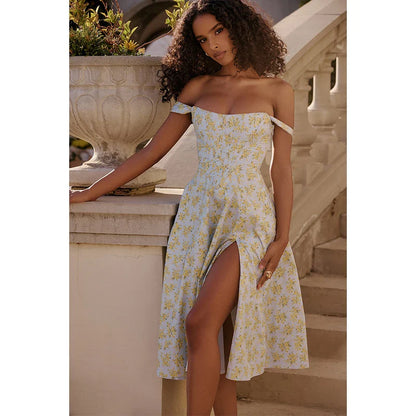 Off Shoulder A-line Spaghetti Strap Spring Summer Print Split Sexy Midi Dress