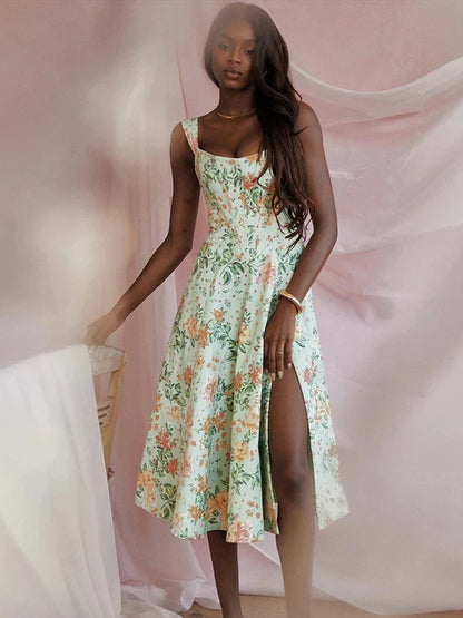 Off Shoulder A-line Spaghetti Strap Spring Summer Print Split Sexy Midi Dress