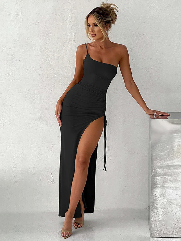 One Shoulder Long High Split Party Drawstring Slim Sexy Summer Maxi Dress