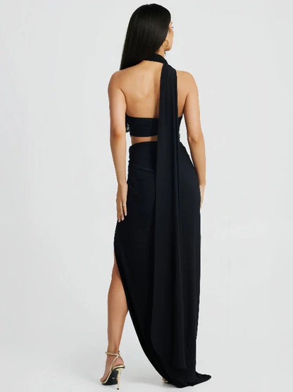 One Shoulder Long High Split Halter Backless Sexy Spring Summer Maxi Dress