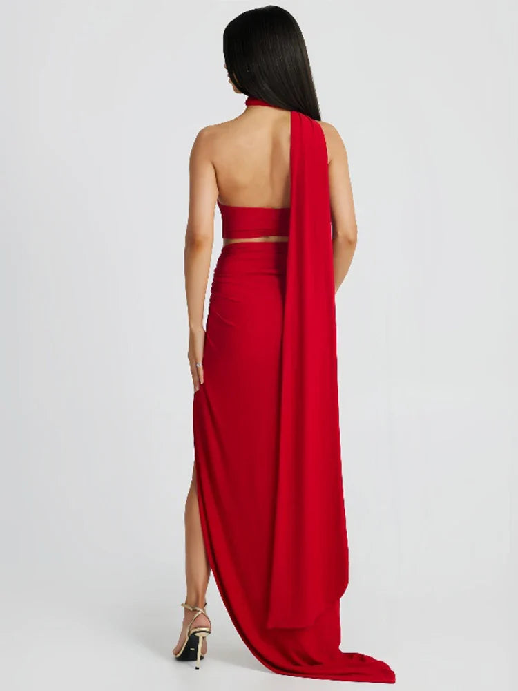 One Shoulder Long High Split Halter Backless Sexy Spring Summer Maxi Dress