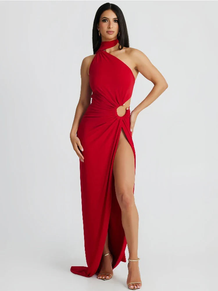 One Shoulder Long High Split Halter Backless Sexy Spring Summer Maxi Dress