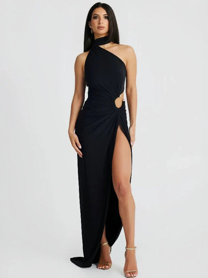 One Shoulder Long High Split Halter Backless Sexy Spring Summer Maxi Dress