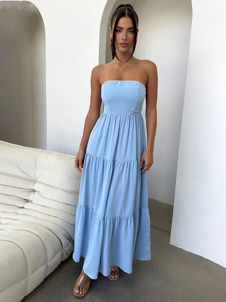 Pleated A-line Long Off Shoulder Backless Nightclub Spring Summer Maxi Dress