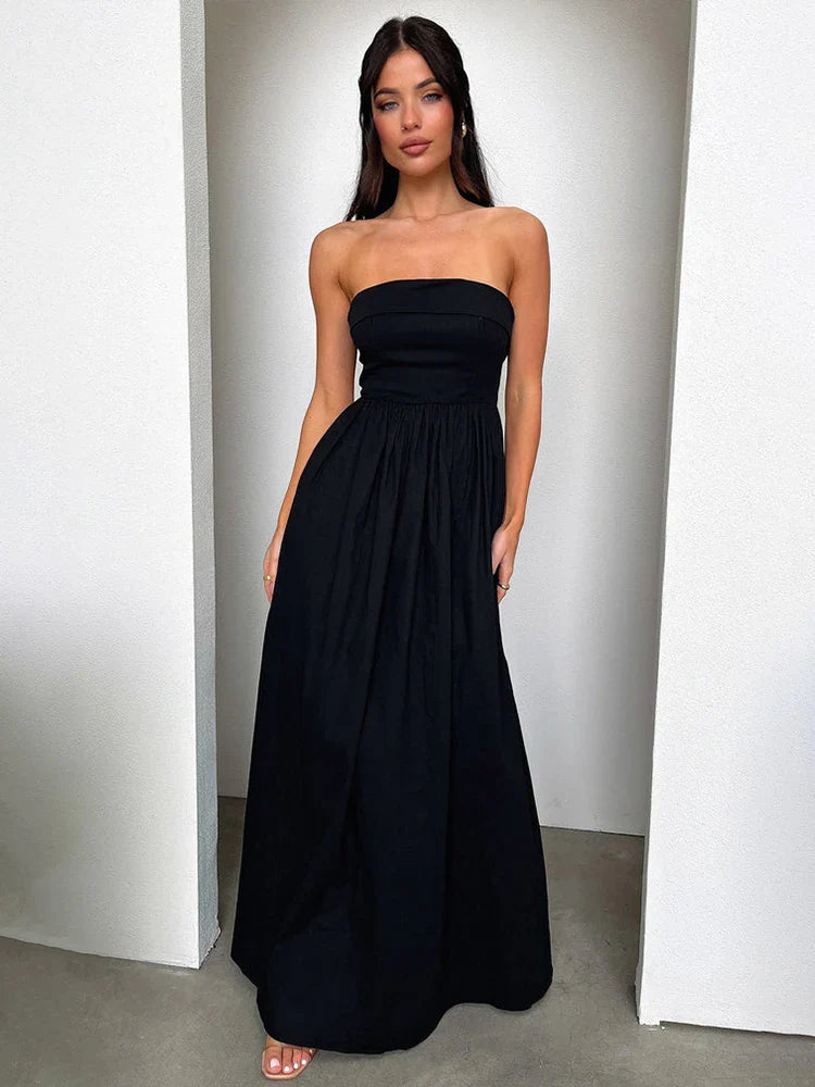 Pleated A-line Long Off Shoulder Backless Nightclub Spring Summer Maxi Dress