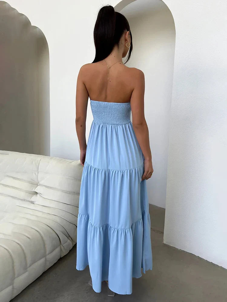 Pleated A-line Long Off Shoulder Backless Nightclub Spring Summer Maxi Dress