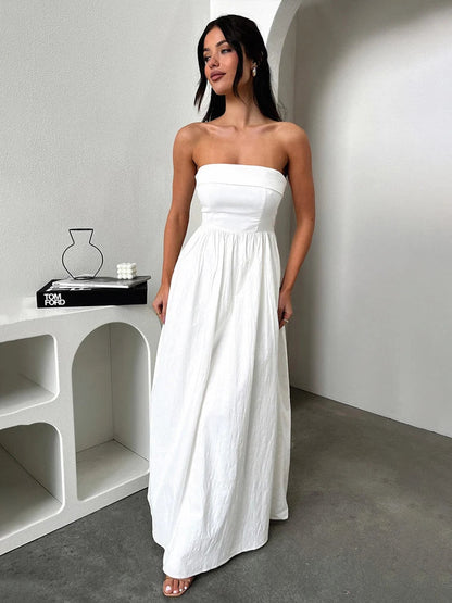 Pleated A-line Long Off Shoulder Backless Nightclub Spring Summer Maxi Dress