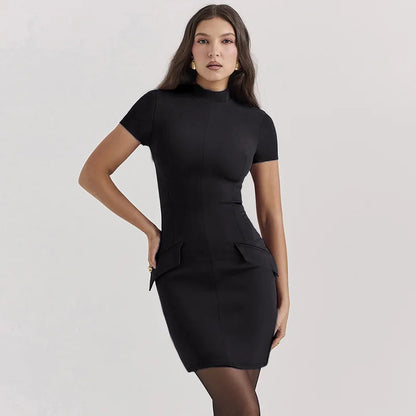 Pockets TurtleNeck Bodycon Spring Summer Short Sleeve Sexy Party Mini Dress