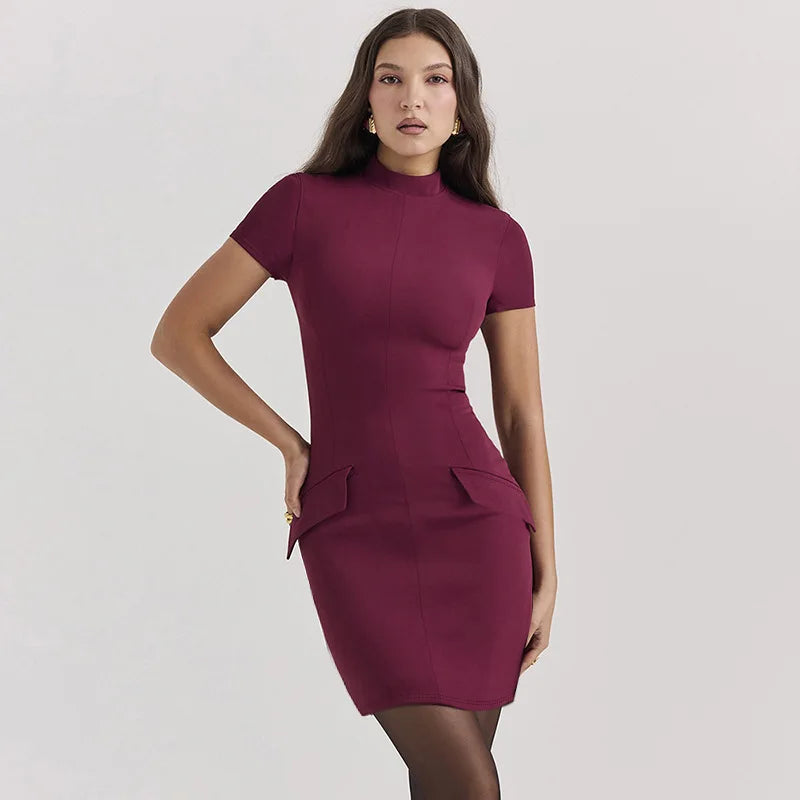 Pockets TurtleNeck Bodycon Spring Summer Short Sleeve Sexy Party Mini Dress