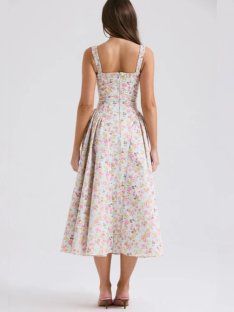 Print A-line Long Spaghetti Strap Spring Summer Backless Sexy Midi Dress