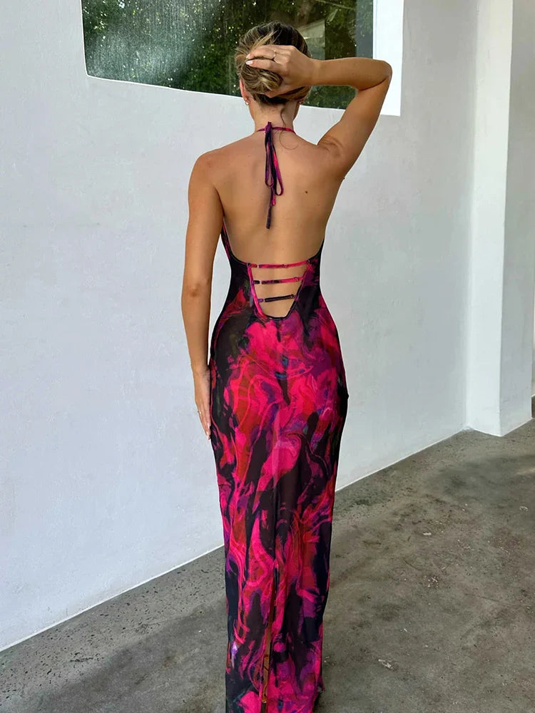 Print Long Halter Spring Summer Backless Nightclub Sexy Slim Bodycon Midi Dress