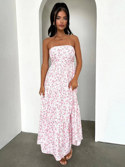 Print Pleated A-line Long Off Shoulder Backless Nightclub Spring Summer Maxi Dress